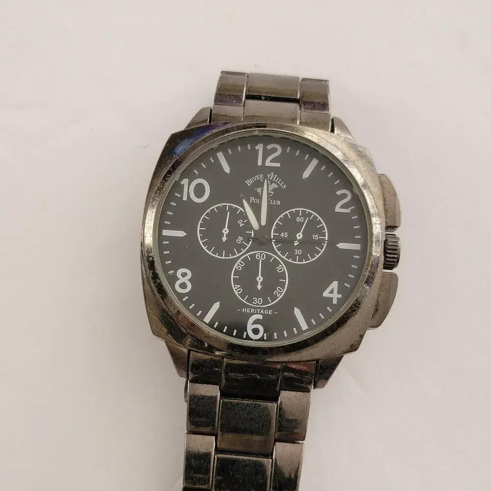 Beverly Hills Polo Club Mens Watch 44mm Black Dial Silver Stainless Bracelet